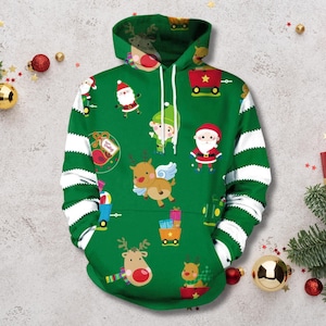 Cute Santa Elf Reindeer Christmas Hoodie, Green Festive Cartoon Print