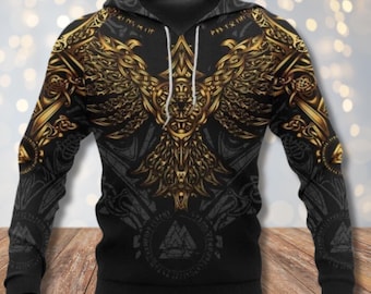 Viking Odin 3D Hoodie, Norse Tattoo Art, Unisex Fleece Sweatshirt