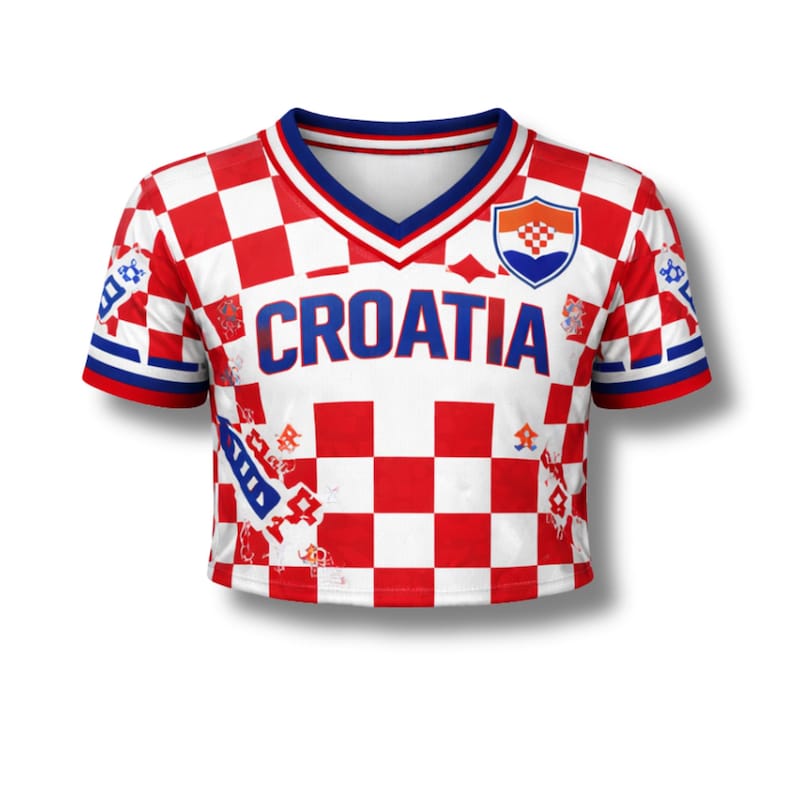 May include: A cropped white and red checkered Croatia soccer jersey with the word "CROATIA" in blue block letters across the chest. The jersey has a V-neck with blue trim and a Croatian coat of arms on the upper right chest.