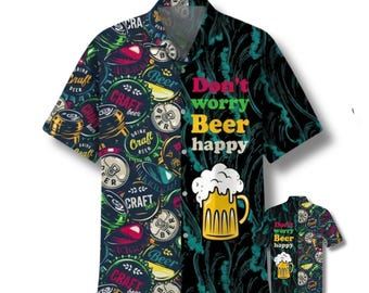 Beer Happy Hawaiian Shirt: Craft Beer Cans & Foam Mug Print