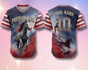 Custom Patriotic Horse Baseball Jersey, USA Flag 3D Design