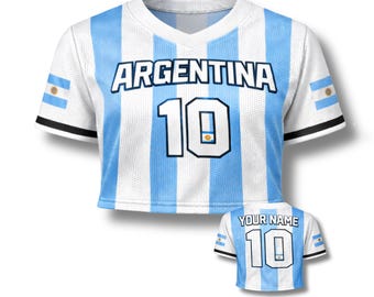 Argentina Crop Top Soccer Jersey, Custom Name Number Mesh Shirt, Women Sport Fan Crop Top