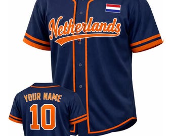 Dutch Baseball Fan Jersey, Custom Name Number, Orange Navy Flag Patch