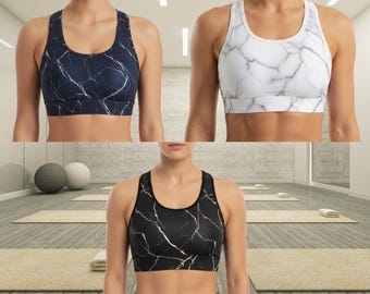 All Over Print Racerback Sports Bra, Removable Pads, Sweat Wicking Yoga Gym Top