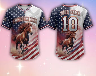 Custom Freedom Run Horse Baseball Jersey, Patriotic USA Flag 3D Shirt
