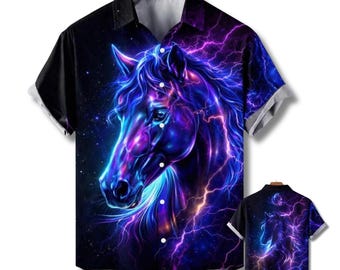 Neon Horse Hawaiian Shirt, Galaxy Lightning Button Up, Festival Rave Top