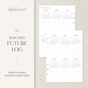 以下が含まれることがあります： 2026～2027年のカレンダーレイアウトの白いA5フューチャーログプランナー。プランナーには月間カレンダーとメモ用の罫線セクションが含まれています。「Paper Seasons Co」の文字が上部にあります。
