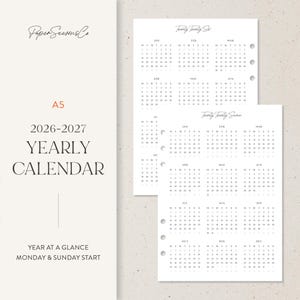 May include: A5 yearly calendar for 2026-2027 with a minimalist design. The calendar features a year-at-a-glance view with Monday and Sunday start dates. The calendar is printed on white paper with black text.