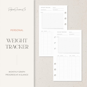 May include: Two white weight tracker pages with a grid for tracking weight loss. The pages have the words "Weight Tracker" and "Personal" printed on them. The pages are designed to track monthly progress.