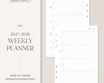 May include: A5 2027-2028 weekly planner refill pages with a grid layout. The text reads PaperSeasonsCo, A5, 2027-2028 WEEKLY PLANNER, WEEK ON 2 PAGES, MONDAY & SUNDAY START. The white pages feature black grid lines and punch holes.