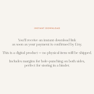 Pode incluir: Imagem de produto digital creme com texto "INSTANT DOWNLOAD". O texto indica que o comprador receber&aacute; um link de download instant&acirc;neo ap&oacute;s a confirma&ccedil;&atilde;o do pagamento. O produto &eacute; digital, com margens para perfura&ccedil;&atilde;o.