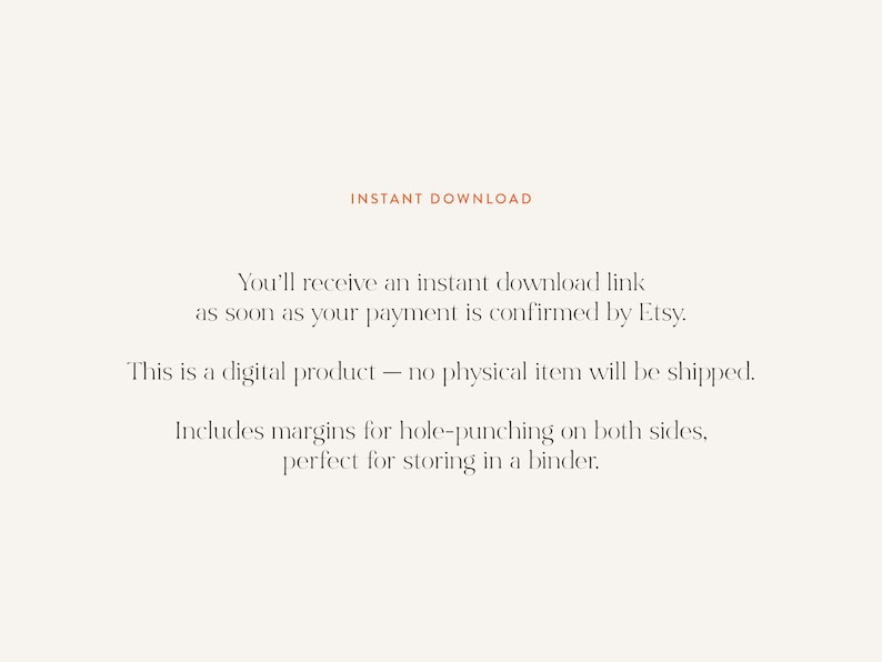 Pode incluir: Imagem de produto digital creme com texto "INSTANT DOWNLOAD". O texto indica que o comprador receber&aacute; um link de download instant&acirc;neo ap&oacute;s a confirma&ccedil;&atilde;o do pagamento. O produto &eacute; digital, com margens para perfura&ccedil;&atilde;o.