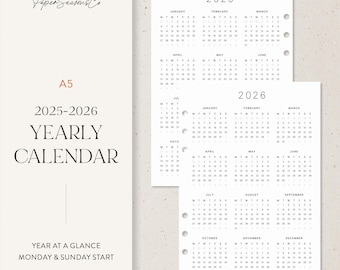 A5 | 2025-2026 Yearly Calendar Inserts, Full Year Overview in Minimal Format