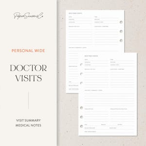 Könnte beinhalten: Zwei weiße, linierte Arztbesuchs-Notizseiten mit vorgestanzten Löchern. Die linke Seite trägt den Text „PERSONAL WIDE DOCTOR VISITS VISIT SUMMARY MEDICAL NOTES“. Die rechte Seite hat Felder für medizinische Informationen.