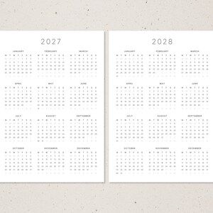 A4, US Letter | Jaarkalenderinzetstukken 2027-2028, volledig jaaroverzicht in minimalistisch formaat afbeelding 2