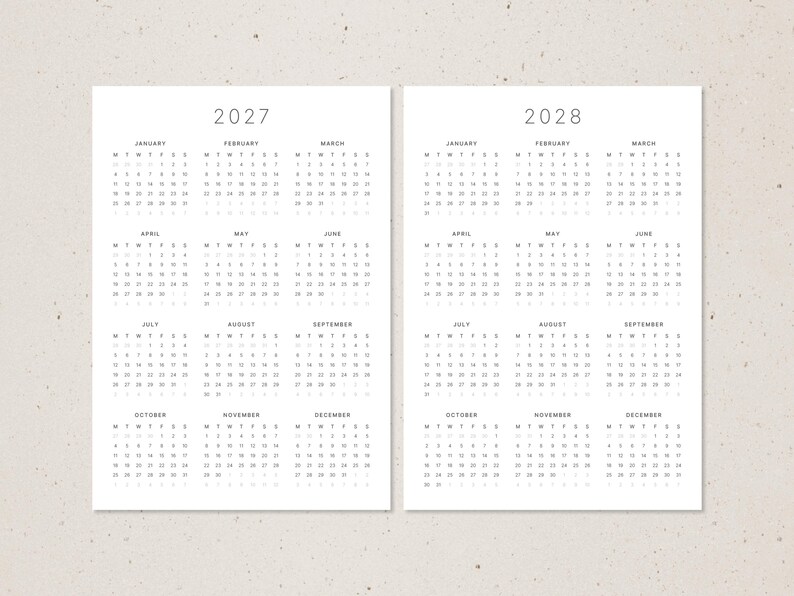 A4, US Letter | Jaarkalenderinzetstukken 2027-2028, volledig jaaroverzicht in minimalistisch formaat afbeelding 2