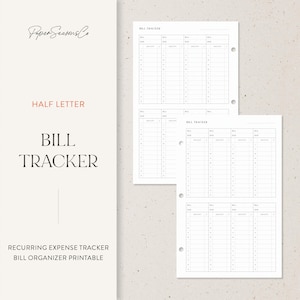 Könnte beinhalten: Ein druckbarer Rechnungsverfolger mit minimalistischem Design. Die weißen Seiten haben ein Rasterlayout zum Verfolgen von Rechnungen, Fälligkeitsterminen und Beträgen. Der Text „BILL TRACKER“ ist prominent dargestellt, zusammen mit „HALF LETTER“ und „RECURRING EXPENSE TRACKER“.