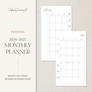 May include: A white personal monthly planner for 2026-2027 with a minimalist design. The planner includes a calendar layout with the month on two pages, starting on Mondays and Sundays. The text "Paper Seasons Co" is at the top.