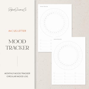 以下が含まれることがあります： 円形デザインの白いムードトラッカーシート2枚。シートには「Mood Tracker」というヘッダーがあり、毎日のエントリ用のスペースが含まれています。「A4 | US LETTER」というテキストも表示されます。