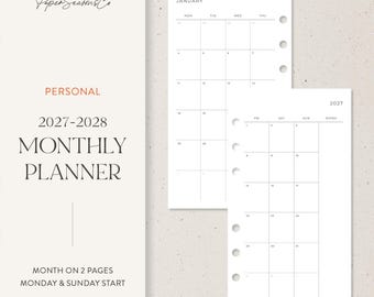 Op de afbeelding: Een persoonlijke 2027-2028 maandplanner-inlegset met een lay-out van een maand op twee pagina's en opties voor een start op maandag en zondag. De witte papieren pagina's bevatten zwarte lijnen en zes ringbandgaten.