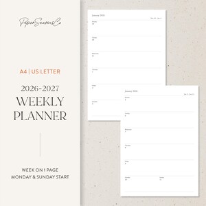 May include: A weekly planner with a minimalist design. The cover features the text "Paper Seasons Co," "A4 | US LETTER," and "2026-2027 WEEKLY PLANNER." The planner includes a week-on-one-page layout with a Monday and Sunday start. The interior pages show a calendar view.