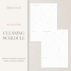 May include: A white cleaning schedule planner with the text "CLEANING SCHEDULE" in a bold, serif font. The planner includes sections for each day of the week, daily tasks, and notes. The text "A4 | US LETTER" is also visible.