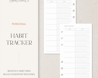 May include: White habit tracker planner inserts with a grid layout for tracking habits. The text "HABIT TRACKER" and "PERSONAL" are printed on the left side. The inserts are designed to build consistent routines.