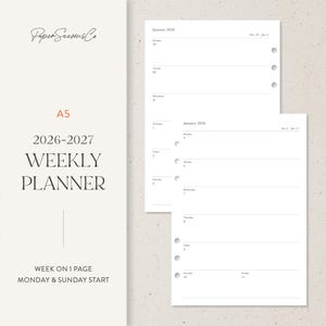 May include: A5 weekly planner for 2026-2027 with a Monday and Sunday start. The planner features a week-on-one-page layout with dates for January 2026. The cover has the text "Paper Seasons Co" and "WEEKLY PLANNER".