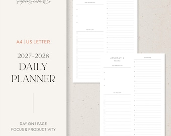 May include: A 2027-2028 daily planner template in A4 and US Letter sizes. The white pages feature sections for top priorities, a to-do list with checkboxes, and an hourly schedule. The text reads PaperSeasonsCo, 2027-2028 Daily Planner, Day on 1 Page, Focus & Productivity.