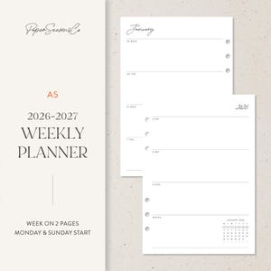 May include: A5 weekly planner for 2026-2027 with a minimalist design. The planner features a week-on-two-pages layout, starting on Mondays and Sundays. The cover includes the text "Paper Seasons Co" and the planner's title. The inside pages show a January 2026 calendar.