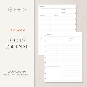 Puede incluir: Un inserto de diario de recetas blanco con un diseño minimalista. El lado izquierdo presenta el texto "Paper Seasons Co", "HP CLASSIC" y "RECIPE JOURNAL". El lado derecho muestra dos páginas de recetas con secciones para ingredientes e instrucciones. El diario es para cocineros.
