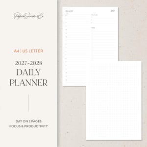 May include: A 2027-2028 daily planner printable set featuring A4 and US Letter sizes. The layout includes a daily schedule page with sections for priorities and to-do lists, alongside a second page with a dot grid pattern for notes.