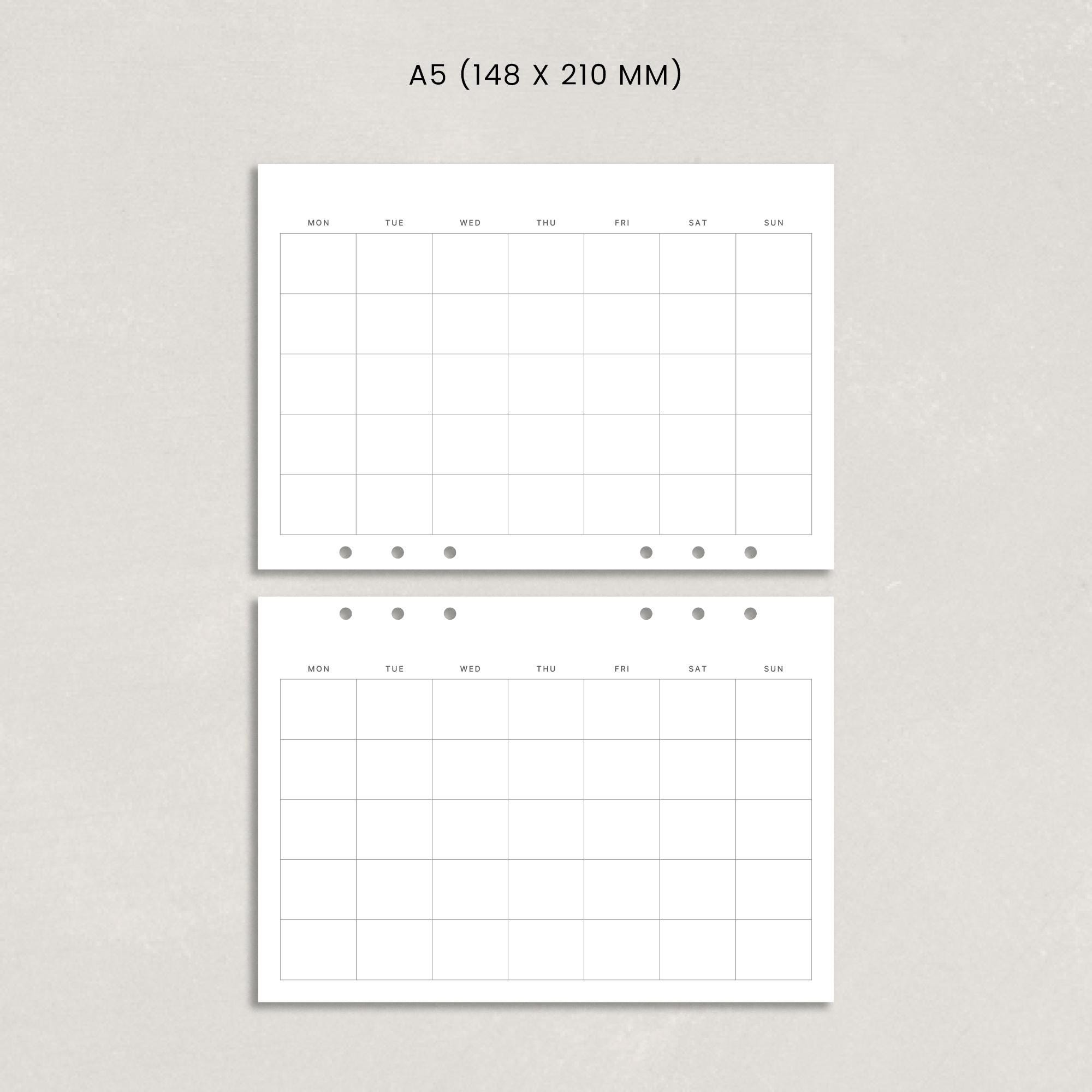 Minimal Monthly Planner | Horizontal One-page Calendar Layout | A4 A5 ...