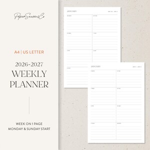 Puede incluir: Un planificador semanal minimalista con el texto "2026-2027 WEEKLY PLANNER" y "WEEK ON 1 PAGE MONDAY & SUNDAY START". El planificador es de tamaño A4 y US Letter. El diseño es simple y limpio.