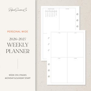 Puede incluir: Un planificador semanal blanco con un diseño minimalista. El planificador incluye un calendario para enero de 2026 y un diseño de semana en dos páginas. El texto en el planificador dice "Personal Wide 2026-2027 Weekly Planner".