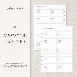 Op de afbeelding: A5 Password Tracker notitieboekpagina's met een minimalistisch ontwerp. De pagina's bevatten secties voor gebruikersnaam, e-mail en wachtwoord. De tekst "Password Tracker" is prominent weergegeven. De zin "Login Info Securely Minimal Tracking Format" is ook zichtbaar.