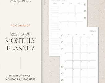 FC Compact | 2025-2026 Monthly Planner Refill, Month on 2 Pages, Minimal Layout