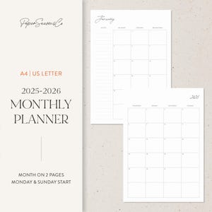 Planificador mensual A4, tamaño carta (EE. UU.) / 2025-2026, mes en dos páginas, diseño minimalista de calendario