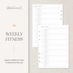 Può includere: Planner settimanale di fitness in formato A5 con un design minimalista. Il planner include sezioni per il monitoraggio degli allenamenti, tra cui cardio, flessibilità ed esercizi per la parte superiore/inferiore del corpo. Il testo "Weekly Fitness" è visualizzato.