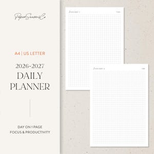 Könnte beinhalten: Ein Tagesplaner für 2026-2027 mit Rasterlayout, mit dem Markennamen "Paper Seasons Co." und der Angabe "A4 | US LETTER." Der Planer zeigt Seiten für den 1. und 2. Januar mit den Wochentagen. Das Design konzentriert sich auf Produktivität und ist für den täglichen Gebrauch.