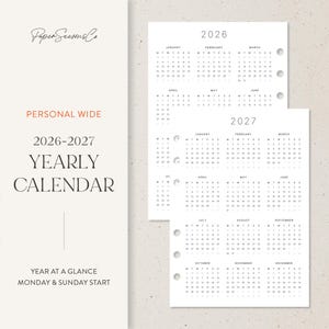 Puede incluir: Calendario anual 2026-2027, diseño minimalista. Las páginas blancas presentan texto negro, con una vista general del año. El texto incluye "Personal Wide" y "Yearly Calendar". El calendario comienza el lunes y el domingo.