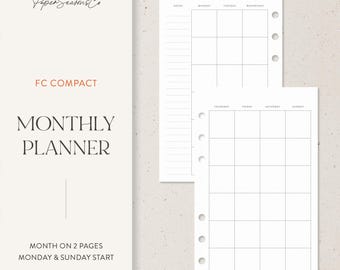 May include: A white monthly planner with a grid layout, featuring the text "Monthly Planner" and "FC Compact." The planner includes a "Month on 2 Pages" design with a Monday and Sunday start. The Paper Seasons Co. logo is at the top left.