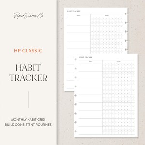 May include: White habit tracker planner inserts with a grid layout for tracking habits. The text "HABIT TRACKER" is at the top of the page. The planner insert also includes the text "HP CLASSIC" and "MONTHLY HABIT GRID BUILD CONSISTENT ROUTINES".