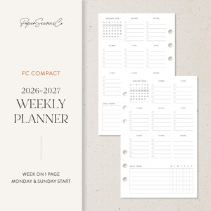 May include: A white weekly planner insert with a minimalist design. The planner includes a calendar for 2026-2027, daily task sections, and a week-on-one-page layout. The text "FC Compact" and "Weekly Planner" are prominently displayed.