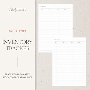 May include: White inventory tracker sheets with the text "INVENTORY TRACKER" and "TRACK ITEMS & QUANTITY STOCK CONTROL AT A GLANCE". The sheets are labeled "A4 | US LETTER". The sheets have columns for date, item, qty, and notes.