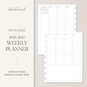 May include: White weekly planner pages with a grid layout for scheduling. The planner includes the text "HP CLASSIC 2026-2027 WEEKLY PLANNER" and "WEEK ON 2 PAGES MONDAY & SUNDAY START". The top left corner has the text "Paper Seasons Co".