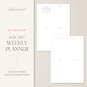 Puede incluir: Un planificador semanal blanco con un diseño minimalista. El planificador incluye un calendario para enero de 2026 y espacio para cada día de la semana. Se muestra el texto "2026-2027 WEEKLY PLANNER". El planificador es tamaño A4/US Letter.