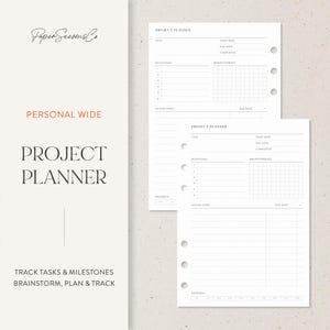 May include: White project planner inserts with a minimalist design. The pages include sections for title, start and due dates, milestones, brainstorming, action steps, and progress tracking. The text "PROJECT PLANNER" is displayed in large font.