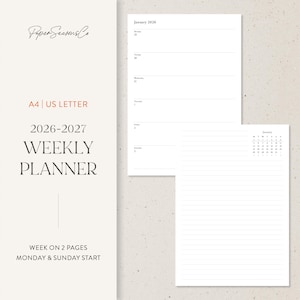 Puede incluir: Un planificador semanal minimalista con el texto "Paper Seasons Co", "A4 | US LETTER" y "2026-2027 WEEKLY PLANNER" en la portada. El planificador tiene un diseño de semana en dos páginas, comenzando el lunes y el domingo. Las páginas abiertas muestran una semana y una página rayada.