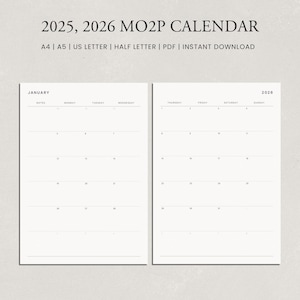 Calendario minimalista MO2P 2025, 2026 / Planificador mensual de dos páginas / Inserto imprimible con fecha / A4, A5, Carta (EE. UU.), Media carta